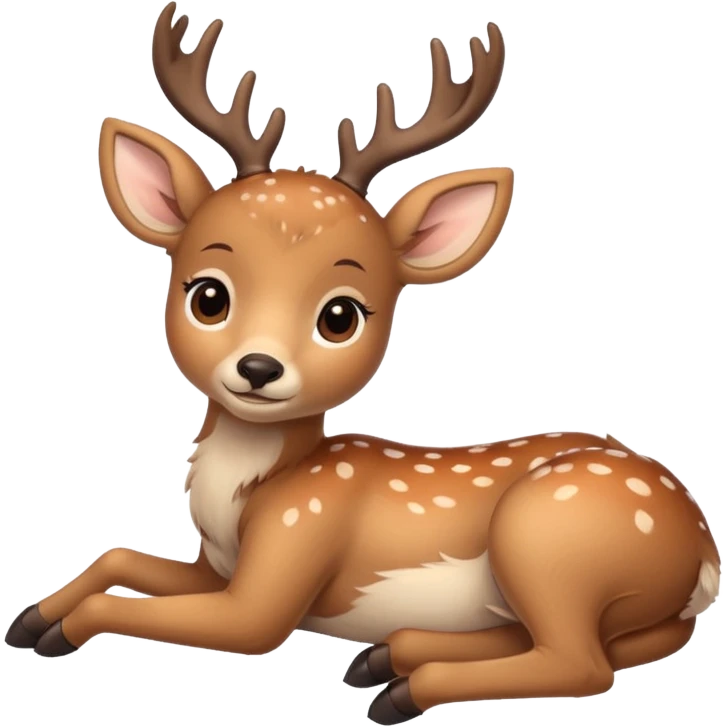 Cute beige deer lying down, legs folded, soft fur with lighter spots, big eyes, gentle smile, short antlers, simple cartoon style. emoji