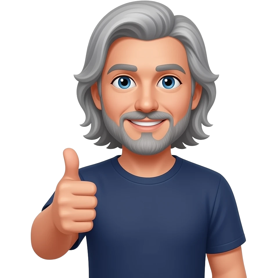 smiling, blue eyes,  really long gray hair, mustache, goatee, a dark blue T-shirt with thumbs up emoji