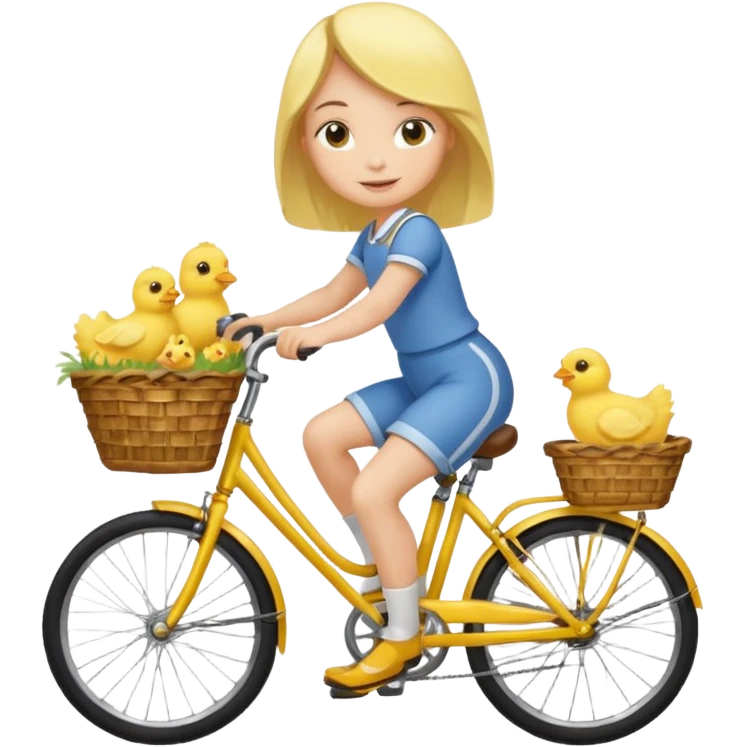 A flat toon cartoon girl riding a bicycle with a basket full of baby chicks, 1:1 square ratio. emoji