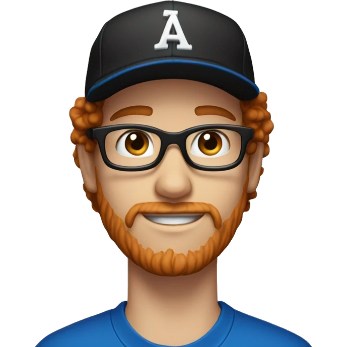 30 years old, male, red hair, curly hair, glasses, black baseball hat, blue eyes, pale complexion, stubble facial hair emoji