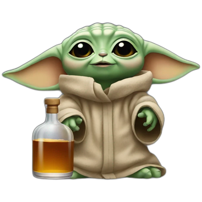 small baby Yoda holding up a big bottle of whiskey emoji