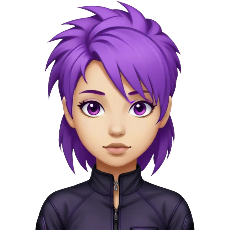 A street racer girl with messy purple hair, black jumpsuit, emoji