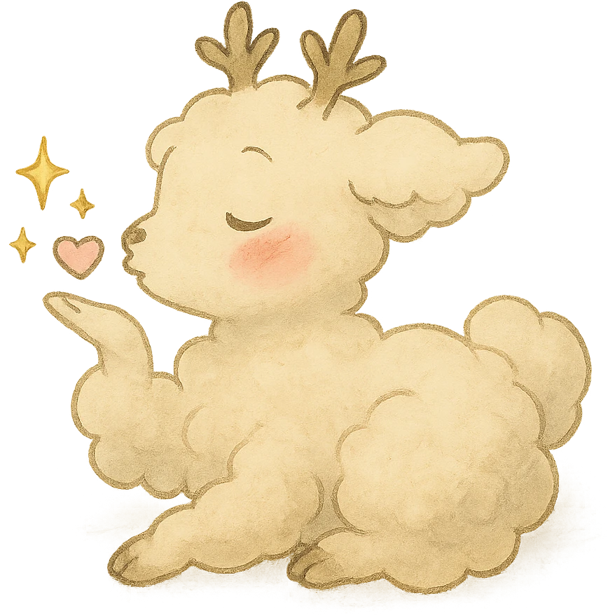 Make the vanilla-colored cloud doe appear to be sleeping, with rosy cheeks, blowing a kiss with sparkles, soft Ghibli style, with no background. emoji