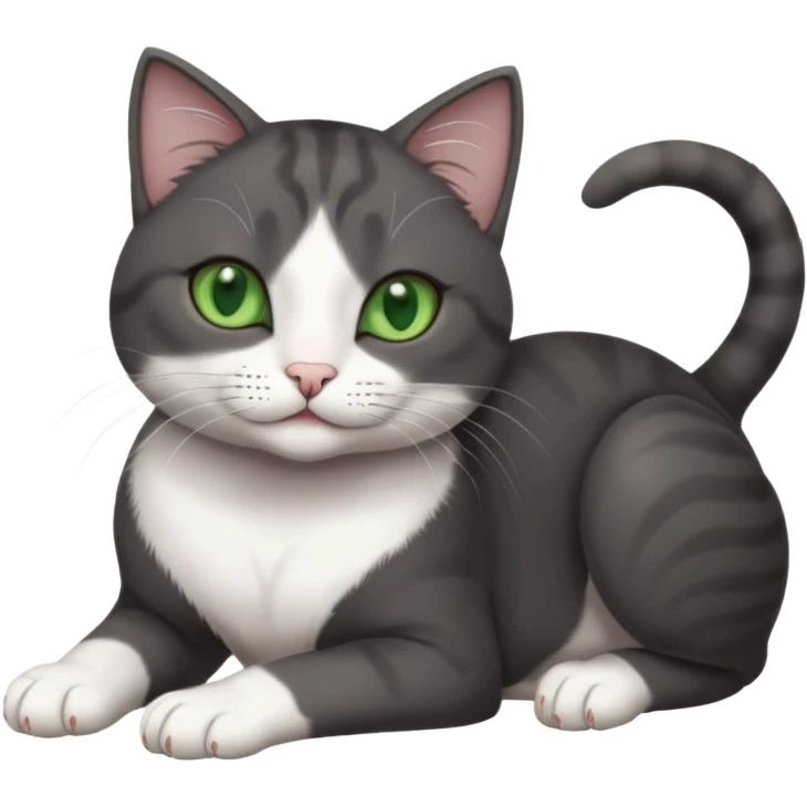 beautiful female solid dark grey cat with green eyes, white toes/paws and white patch on her chest rolling over emoji