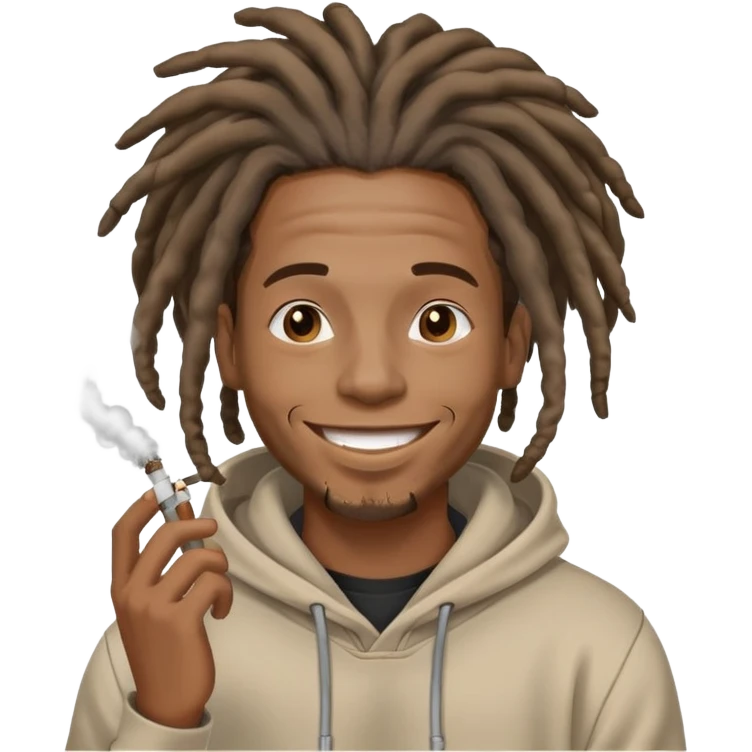 black male with dreadlocks, smiling, exhaling smoke, wearing a hoodie emoji