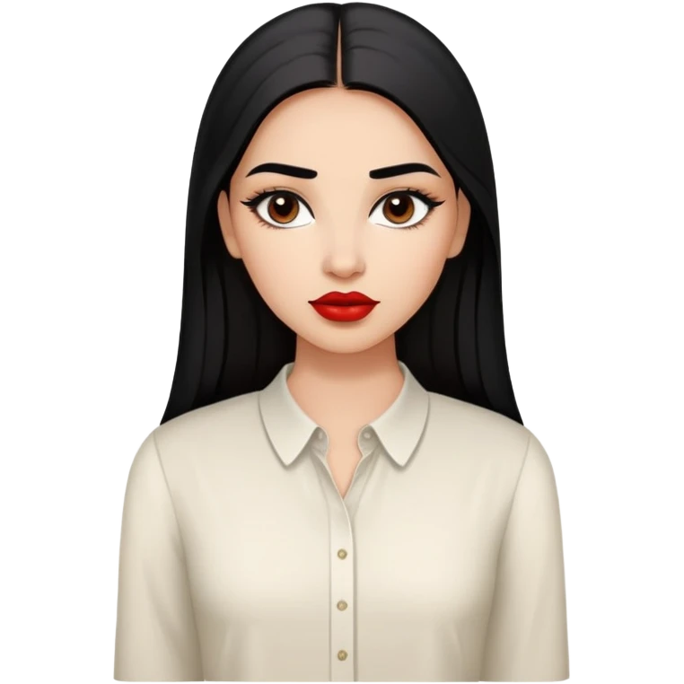 Young woman with oval face, high cheekbones, dark brown eyes, thick eyebrows, red lipstick, light brown skin, long straight black hair, wearing a white blouse emoji