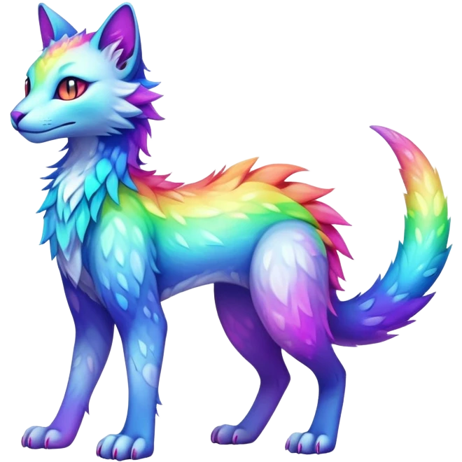 Kawaii neon colorful rainbow iridescent fantasy ethereal feline-vernid-sergal-fursona animal creature with a tufted tail full body with intricate markings emoji