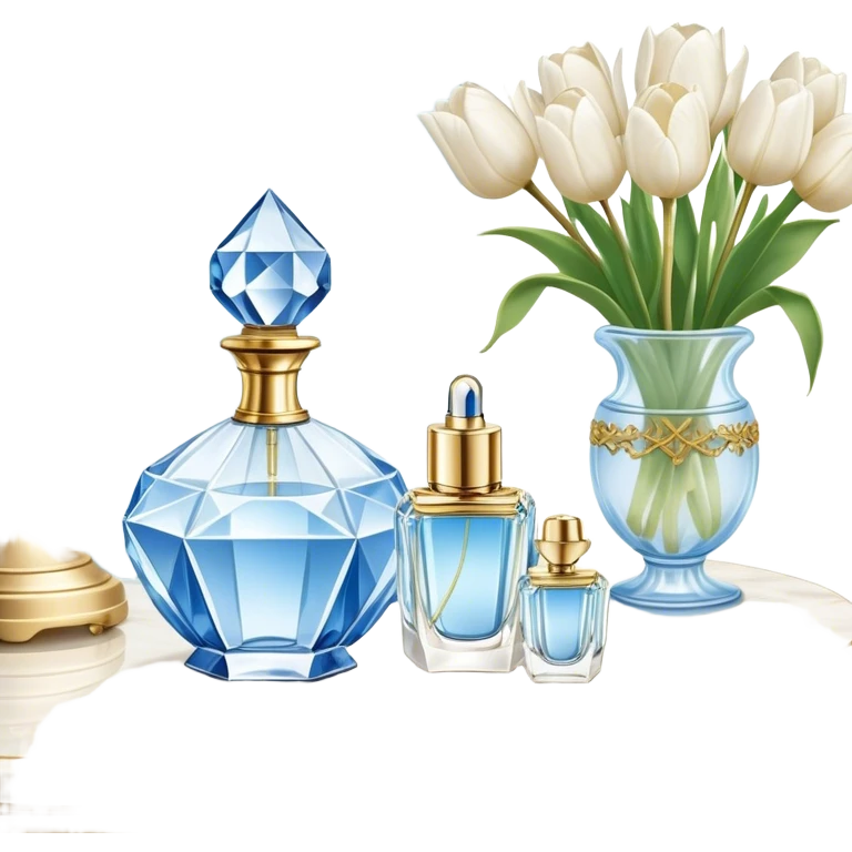 A dreamy composition of a crystal perfume bottle with an ornate golden atomizer, placed on a lace-trimmed vanity table, accompanied by a bouquet of white magnolias and soft blue tulips.
 emoji