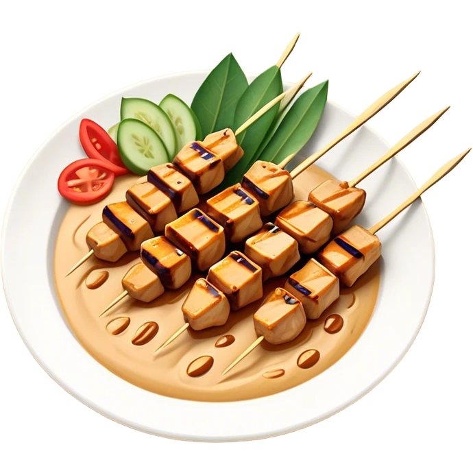 Cinematic Realistic Indonesian Chicken Satay Dish Emoji, depicted as succulent, marinated chicken skewers grilled to perfection with a subtle char, drizzled generously with a rich, creamy peanut sauce that glistens under warm, natural lighting. The vibrant textures of the tender meat and smooth, spicy sauce evoke the authentic flavors of Indonesian street food, rendered with lifelike detail and dynamic, appetizing lighting. emoji