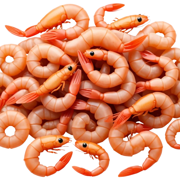 small handful of tiny whole dried shrimp, curled bodies, visible legs, tails, antennae, light pink to orange-brown, dry slightly translucent texture, natural scattered cluster, clean 3D look, soft lighting, no extra elements, no faces, emoji scale emoji