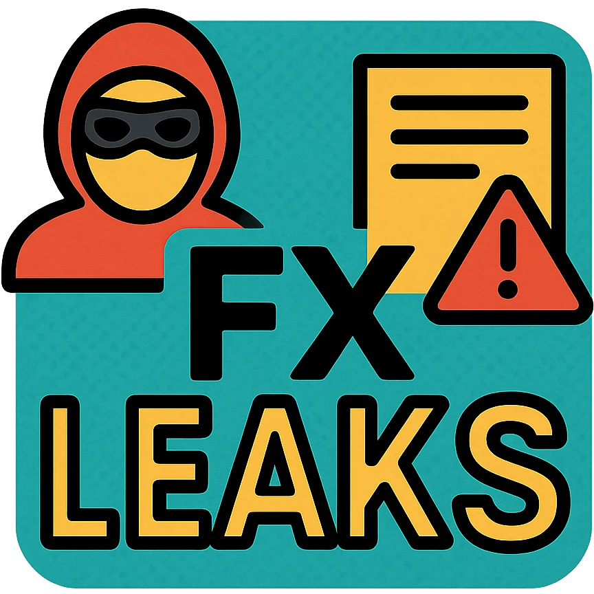 logo with turquoise textured background, left outline of masked figure, center bold stylized 'FX LEAKS' with 'FX' highlighted, right document with warning triangle, theme confidential financial leaks emoji