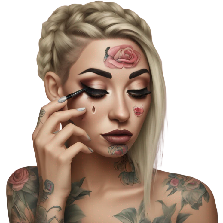 Hyper Realistic Beautiful tattooed woman applying her makeup while crying  emoji