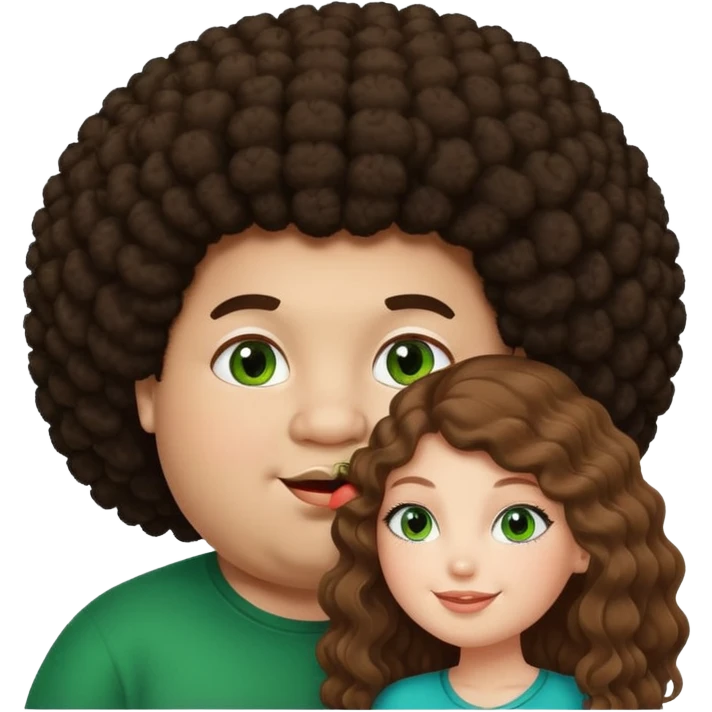 very dark fat boy with afro kissing pretty white girl with long brown hair and green eyes  emoji
