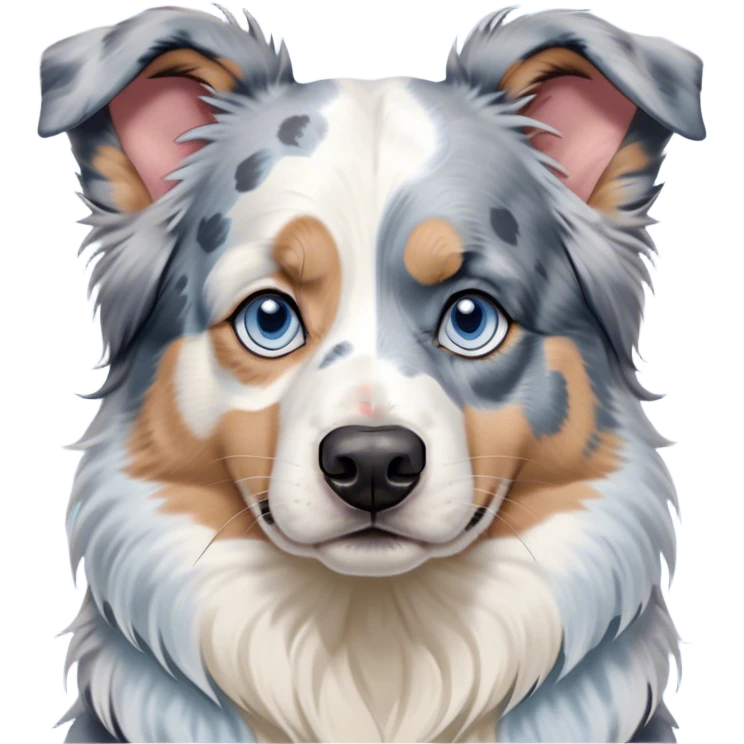 Cinematic Meme-Worthy Grumpy Blue Merle and White Australian Shepherd Portrait Emoji, Head held high but eyes filled with dramatic disappointment, smooth blue merle fur with stark white patches, deeply furrowed brow forming an unmistakable scowl, floppy ears slightly angled back in disapproval, piercing blue eyes glaring with pure exasperation, Simplified yet hilariously over-exaggerated features, highly detailed, glowing with an aura of supreme annoyance, high shine, exhausted yet judgmental, stylized with an almost regal pettiness, bright but brooding, soft glowing outline, capturing the essence of a pup that has seen it all and is thoroughly unimpressed, so meme-worthy it feels like it could instantly become the next viral sensation of grumpiness! emoji