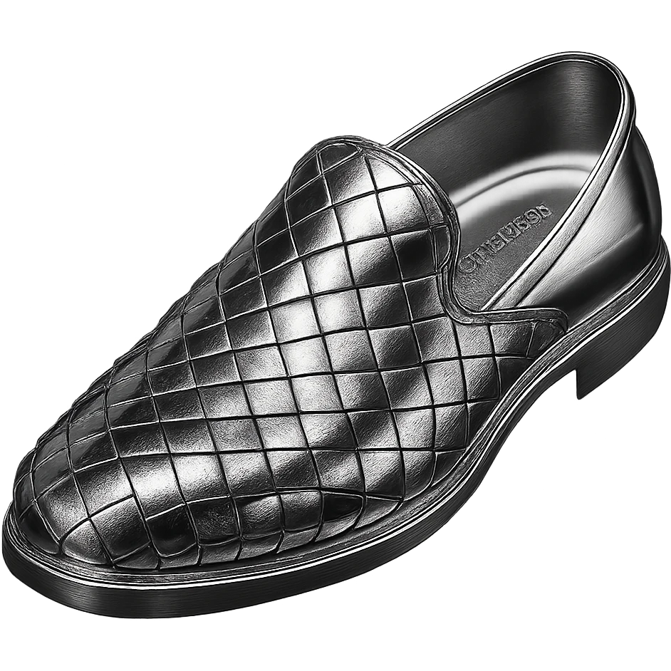 Bottega Veneta slip-on shoes in 3D chrome style, metallic woven pattern, simple background emoji