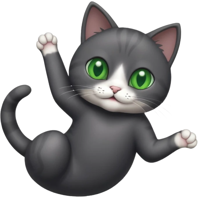 solid dark grey cat with green eyes, white toes/paws playfully rolling upside down emoji