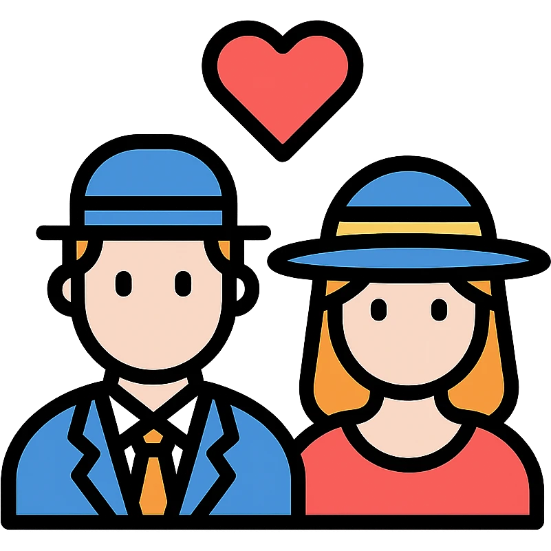 an English man and lady couple with a love heart, flat color icon style emoji