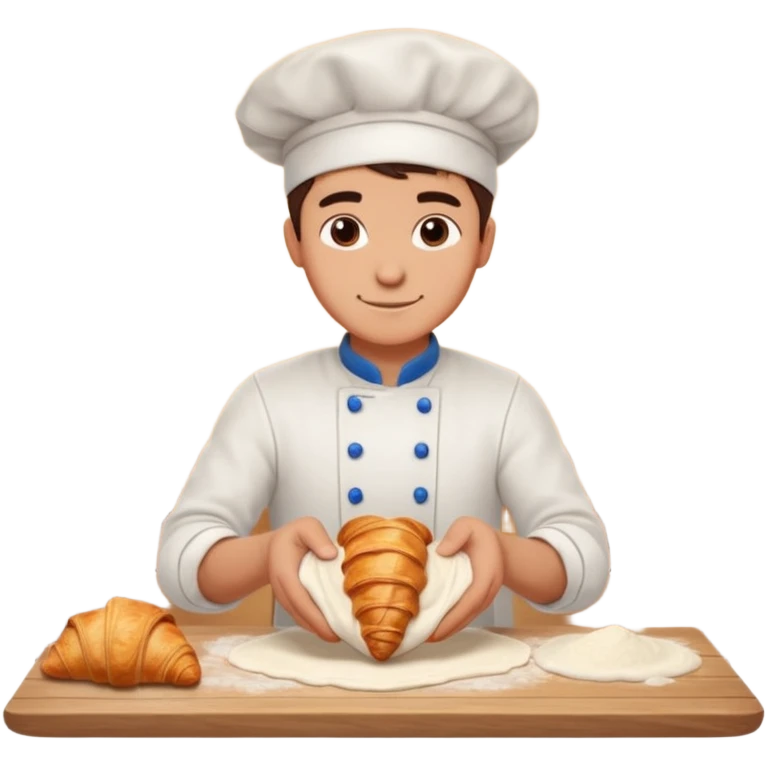 Young male baker – rolling croissant dough on a wooden table, flour on clothes

 emoji