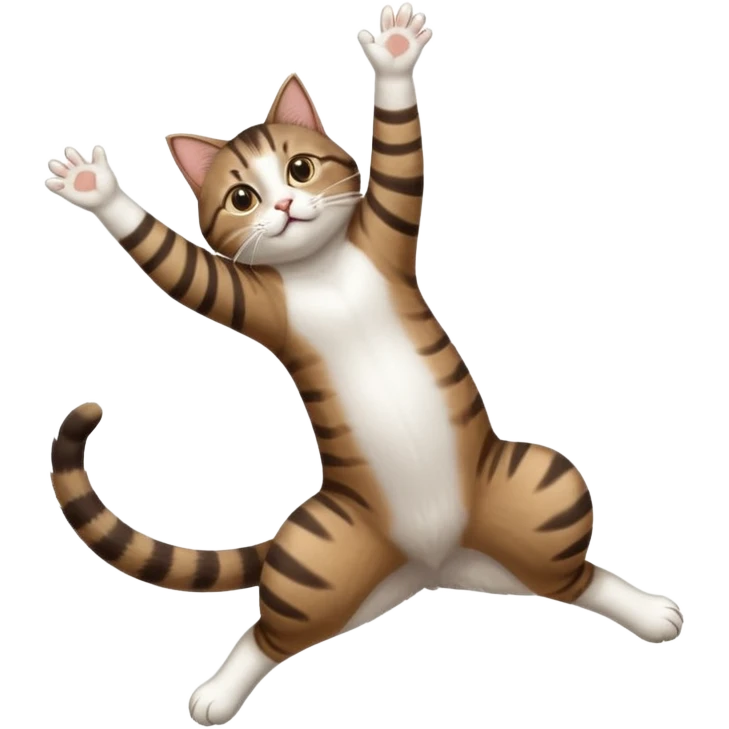 dark brown tabby and white cat with doing a big extremely long stretch reaching up into the air with arms and legs side by side together straight and overextended whilst lying on its side emoji