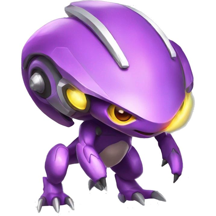 a shiny colorful Genesect-Raptor-Fakémon—hybrid with a futuristic visor-helmet full body emoji