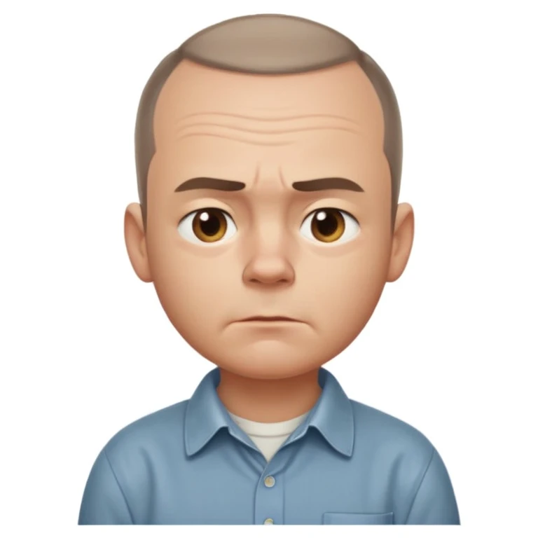 Carl from Sling Blade, blank or goofy expression, chin sticking out, slouching posture, no glasses, shirt with collar, three-quarter face angle, entire body visible, standing, head sticking forward, classic Apple emoji style emoji