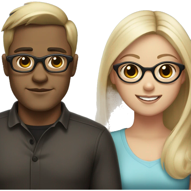A dark brown haired man with glasses, a girl with very light brown-almost blond hair and a black pug emoji