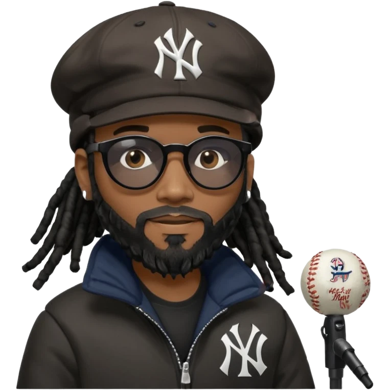 African American Man with shoulder length black dreadlocks with black beard wearing black sunglasses wearing a black bubble winter coat and a New York Yankees logo baseball cap in recording studio emoji