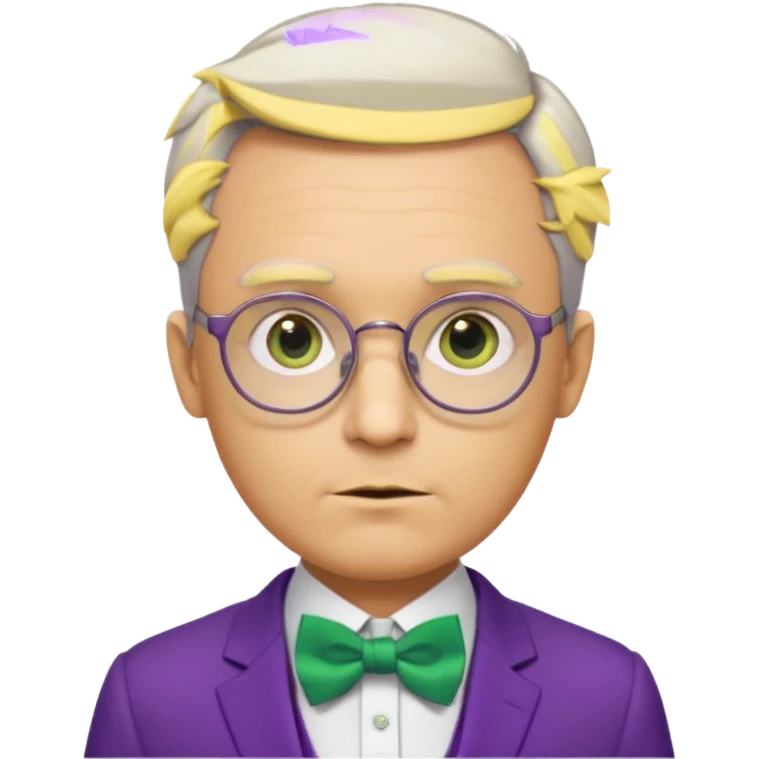 ellow-skinned man with neatly parted brown-gray hair, thick rectangular eyebrows, large round eyes behind thin glasses, a pointed nose, and a green suit with a white collar and purple bow tie. emoji