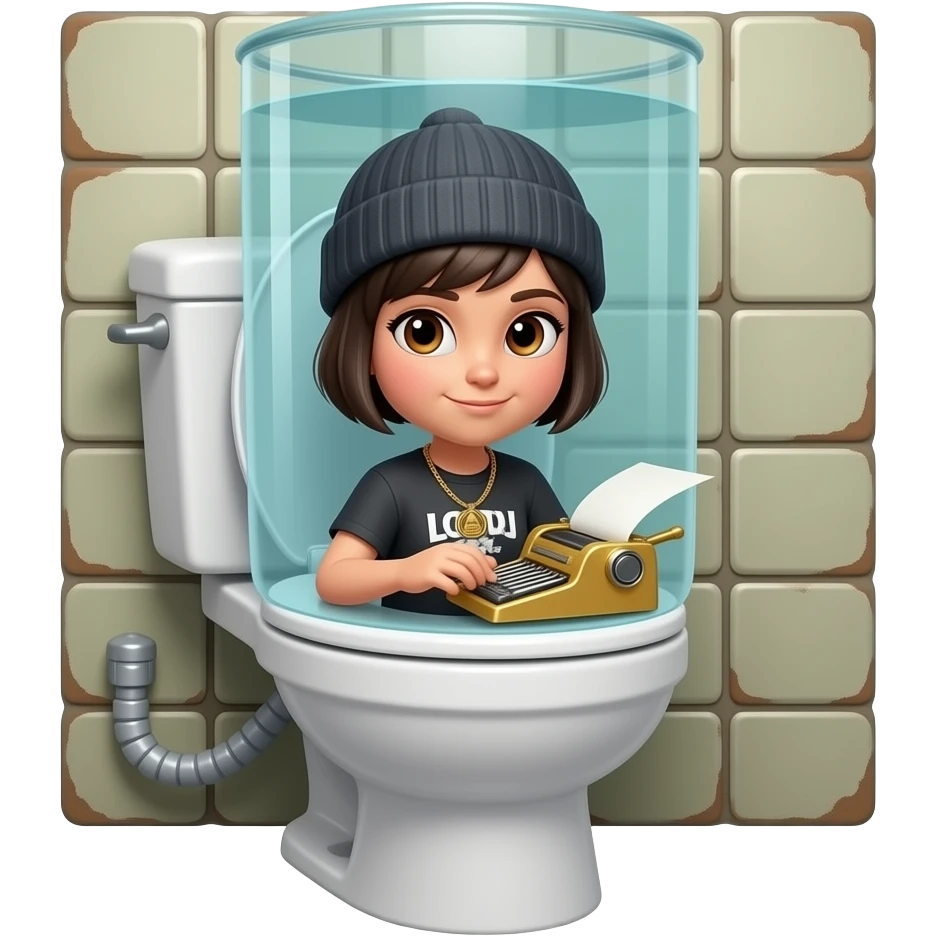 Turbo the 3d sentient toilet with a clear tank sits in an old tiled roo.. Inside the toilet tank is a tomgirl with short boyish hair, a beanie, and brown eyes rapping and a golden stenography machine as a necklace. On her paper are the lyrics: "But I doubt I roll lyrics as I have to girls!!"
 emoji