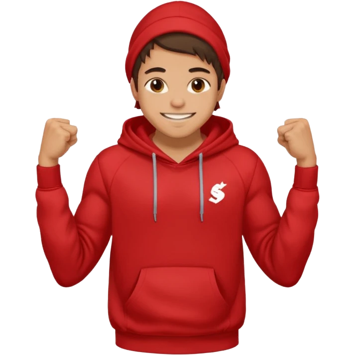 make me an emoji of an americain 19 yearold boy in a red hoodie that says "south" on it and give him with tan skin with his hands in his hands in his pocket grining flexing his muscles emoji