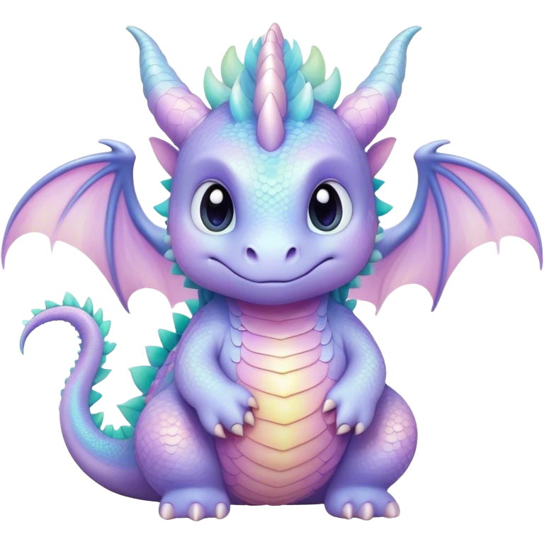 Cinematic fluffy pastel dragon, tiny round wings, chubby feet, sparkling gentle eyes, delicate glowing scales, soft colors blending magically, enchanting and whimsical. emoji
