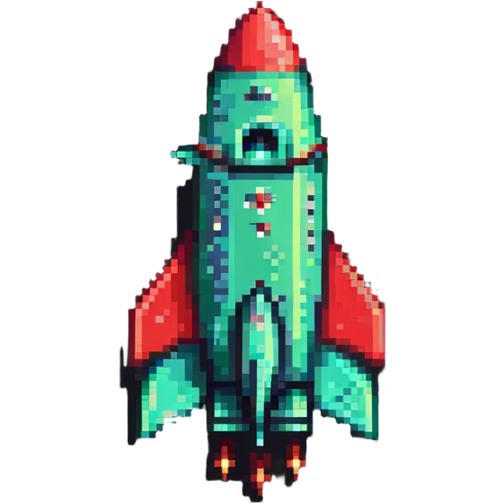 diagonal rocket flying to upper right, green body transitioning to red at the fins, pixel art style emoji