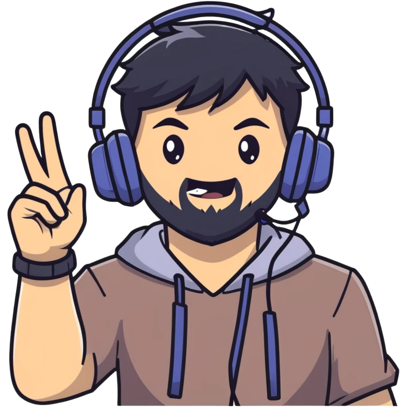 Anime style man with black hair, brown eyes, and black beard wearing gaming headset and making a bravo gesture, anime character design emoji