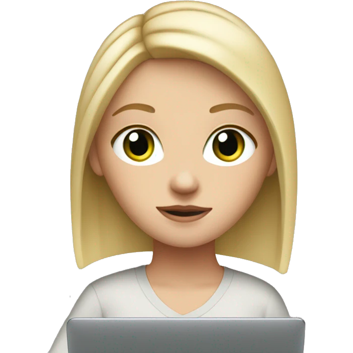 white girl with blonde straight medium length hair and green eyes, and apple laptop in front of her emoji