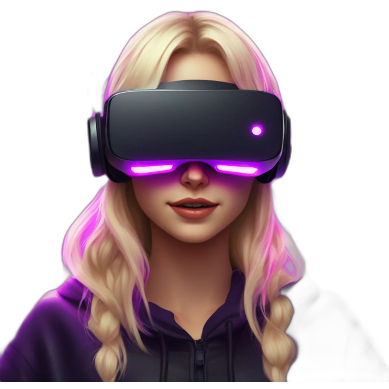 Russian blondy girl celebrating her birthday wearing a black hoodie and VR headset in a cyberpunk VR environment with violet neon lighting emoji