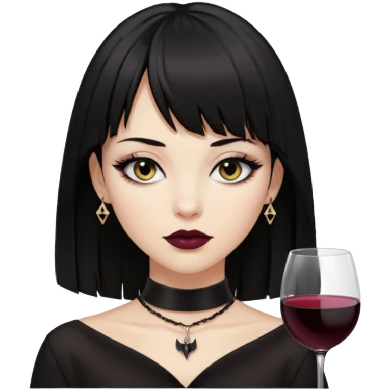 mulher cabelos pretos longos e lisos com uma franja curta acima dos olhos, olhos pretos com delineado, expressão séria, com um sorriso sensual e lábios cor de vinho, ela usa uma gargantilha preta com um pequeno pingente de morcego preto emoji