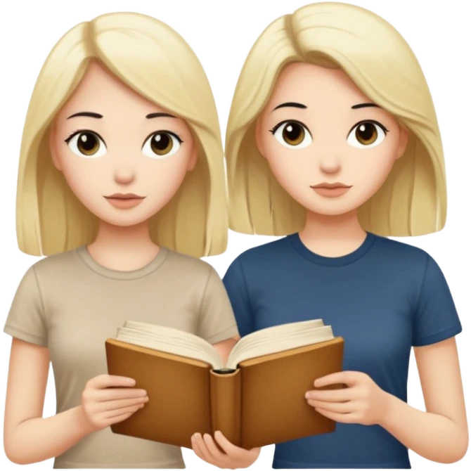 beautiful white girl with black hair in beige t-shirt and beautiful blonde with long hair in beige t-shirt reading beautiful vintage book emoji