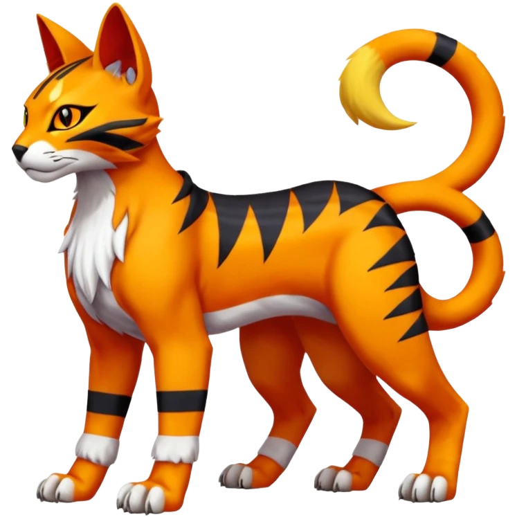 Colorful orange red black yellow Bastet-Gatomon-Vernid-Protogen-Digimon-Fakémon-Pokémon-creature  (full body) emoji