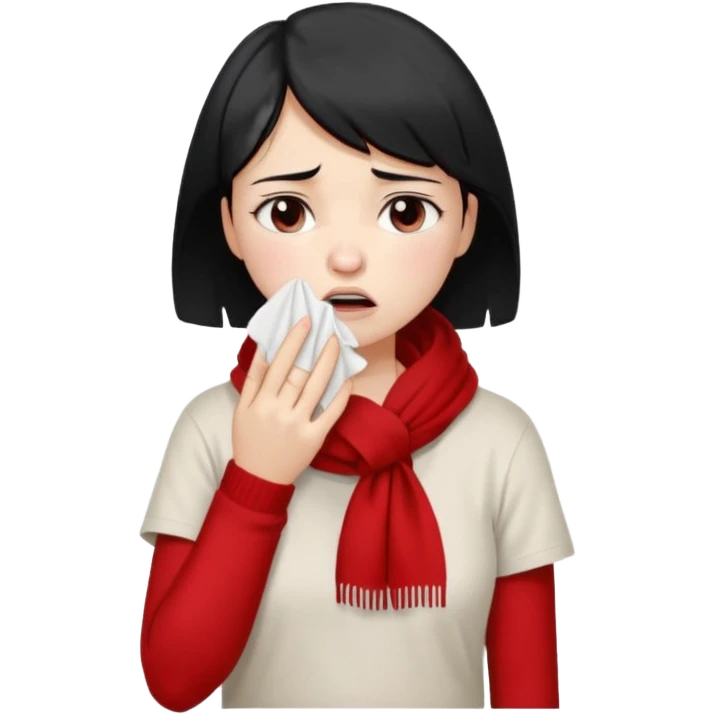 a pretty bratz fair girl crying in a loose oversized off white tshirt and red scarf with short black hair with a tissues in hand emoji