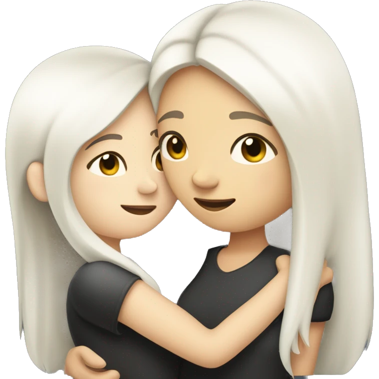 A lesbian couple that both have white skin and long black hair are hugging intimately, and romantically. emoji