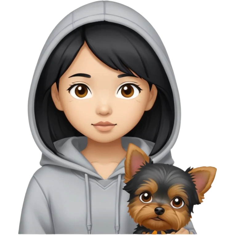 a black-haired asian girl wearing a grey hoodie with a yorkie  emoji