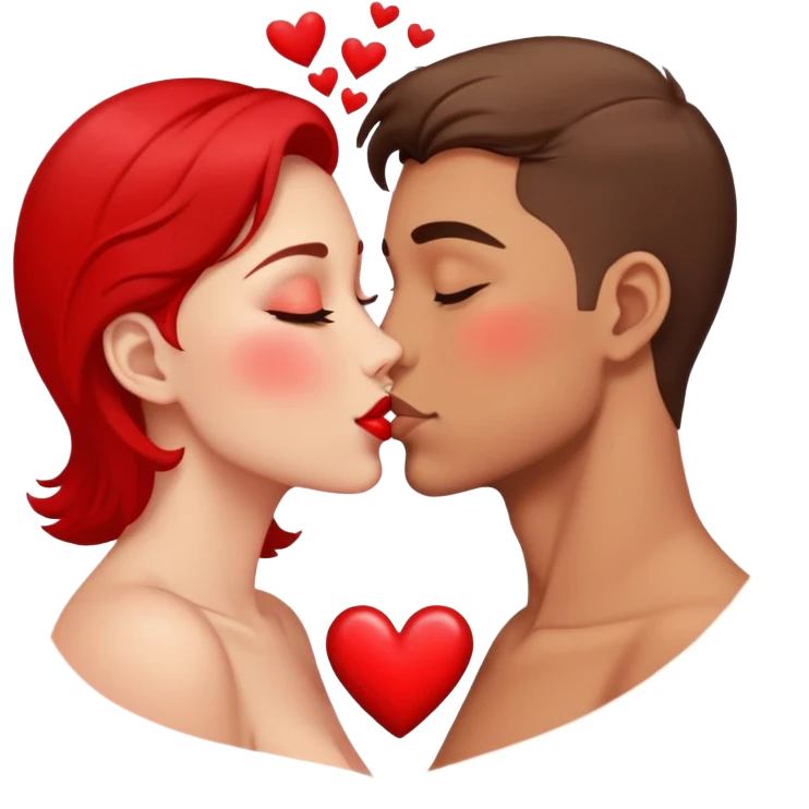Two people sharing a passionate kiss with heart symbols around them emoji