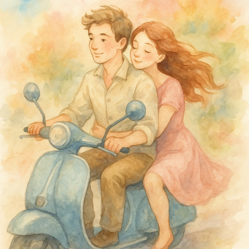 watercolour style illustration of a couple riding a scooter, soft colors, romantic atmosphere emoji