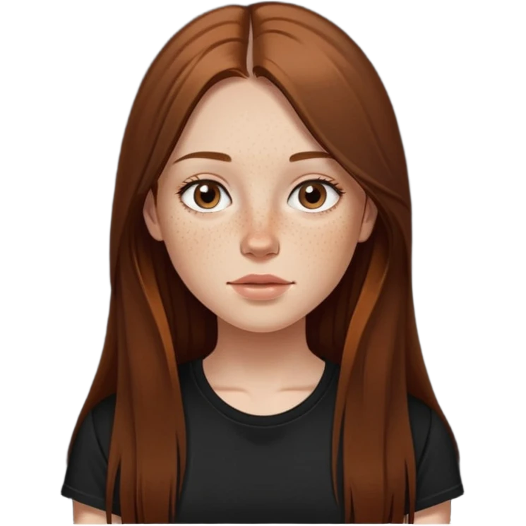 A girl with straight brown long hair. Thin nose with a bit of freckles and on the nose. Slightly plump lips. Black T-shirt emoji