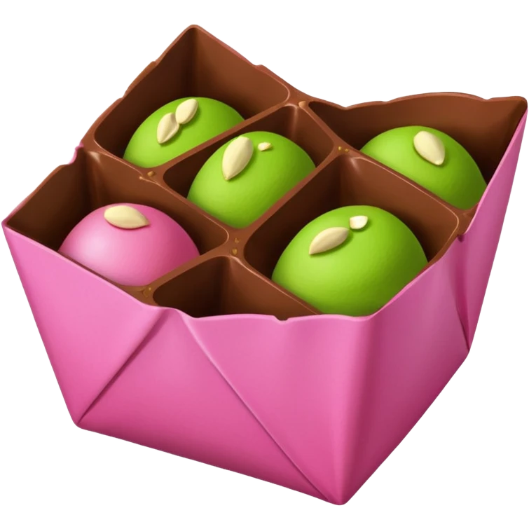 bitten chocolate in a pink wrapper. chocolate filling - pistachio paste green emoji