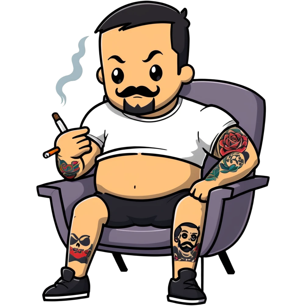 Heavy-set man leaning back in chair with legs spread showing tattooed left calf, smoking cigarette, exposed belly, round face, short black hair, well-groomed short beard with small mustache, black t-shirt with light stripes on top portion, sleeves rolled up, black shorts, arms and left calf decorated with matching black graphic tattoo patterns emoji