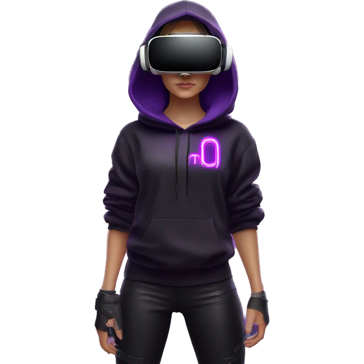 Russian girl wearing black hoody with violet letters "OMG", in vr headset oculus quest2. Standing like jedi. Cyberpunk style. Violet neon. emoji
