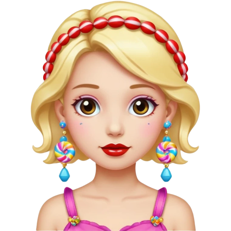 girl with a lot of accessories and earrings made out of candy emoji