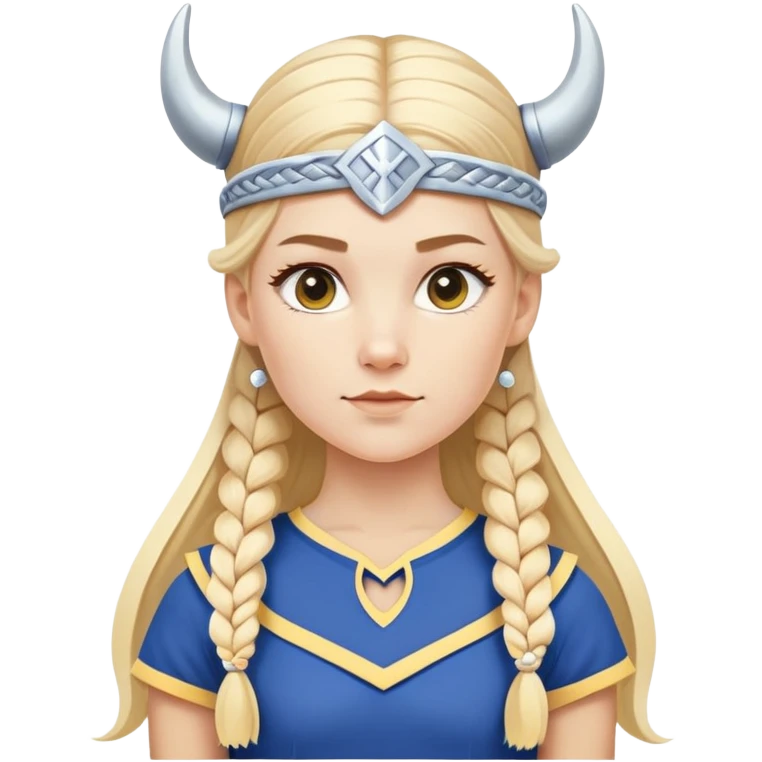 young white woman, light blonde hair styled in a long elegant braid with a white bow. She is wearing a stylized Viking helmet in blue and yellow colors (with small white horns and retro details). She wears a classic blue and yellow cheerleading uniform emoji