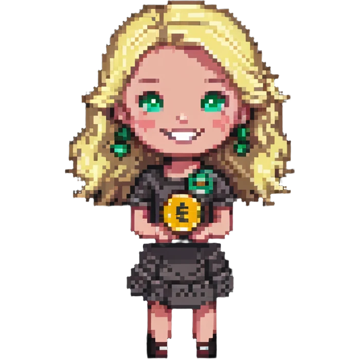 smiling blonde girl with coins emoji